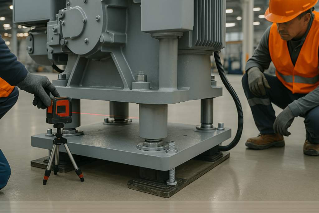 Engineers installing machinery base on smooth graphene concrete surface