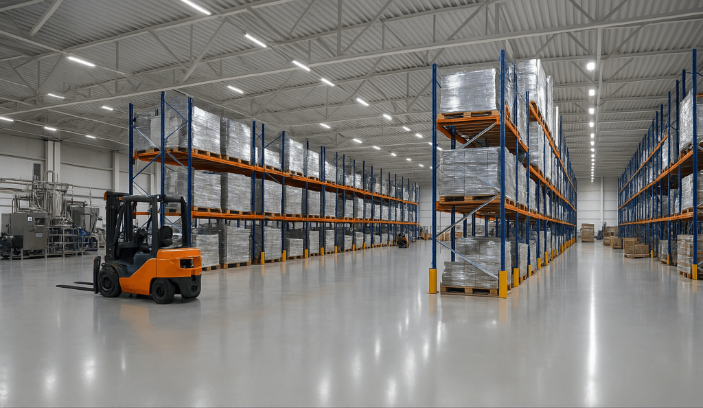 Interior of operational warehouse with polished graphene concrete flooring and racking systems