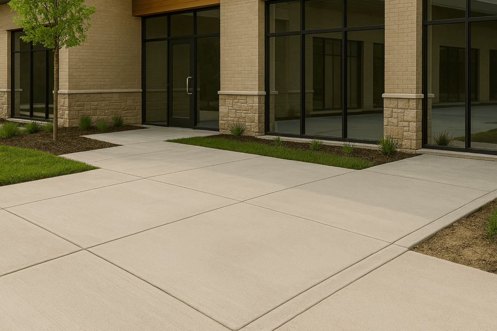 Construction workers finishing a graphene concrete sidewalk in front of a modern building with landscaped green space