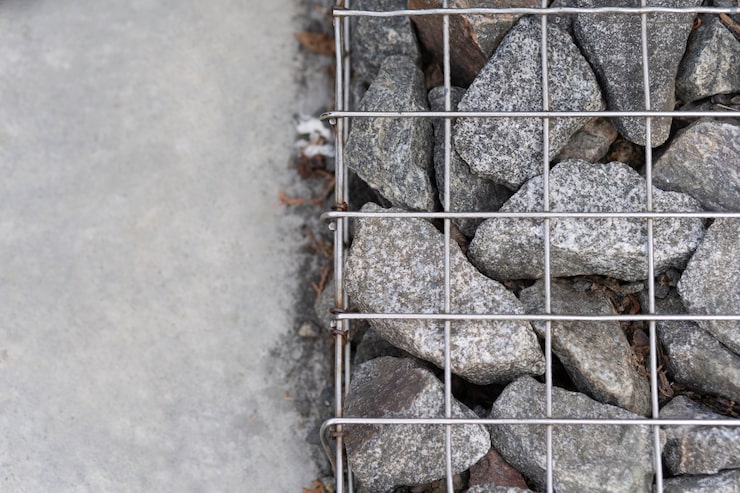 Close-up of gray rocks within a wire mesh, contrasting with concrete surface, illustrating durable materials for infrastructure projects like graphene concrete in Wyoming.