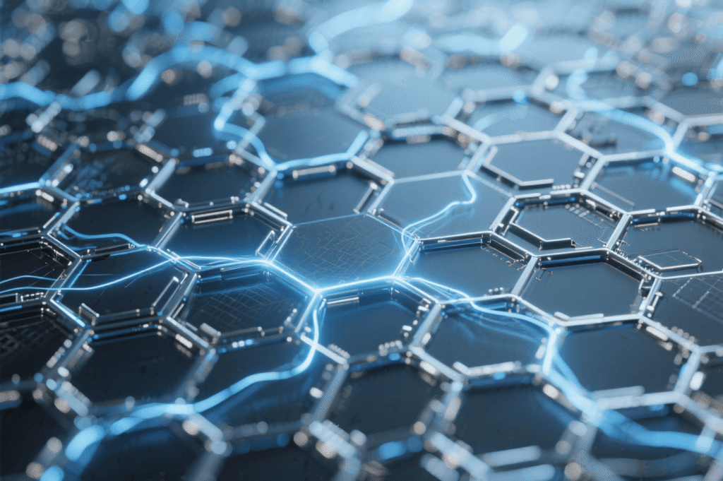 Close-up view of a graphene nanostructure with hexagonal patterns and illuminated connections, highlighting advanced technology relevant to military applications and coatings.