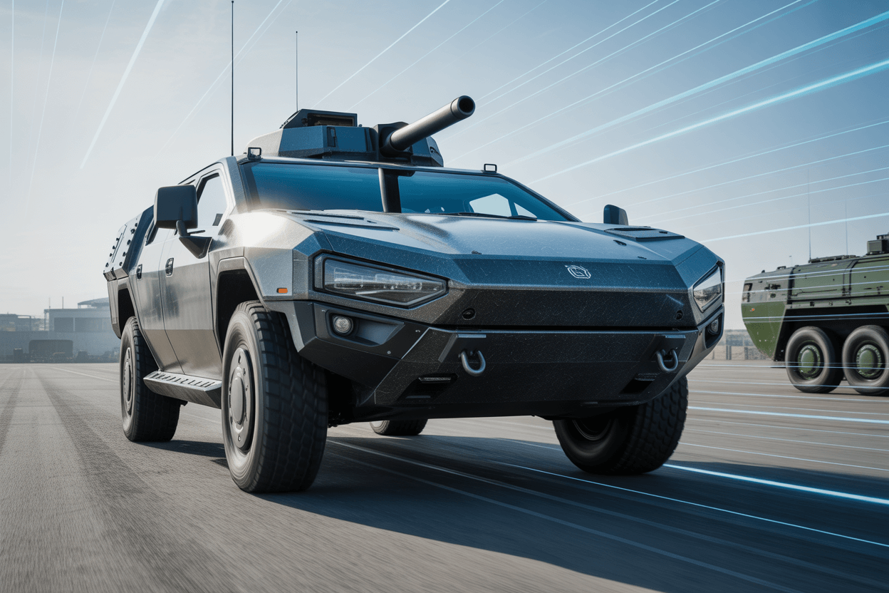 Modern military vehicle equipped with advanced technology and armor, showcasing durability and performance enhancements related to Graphene X coating innovation.