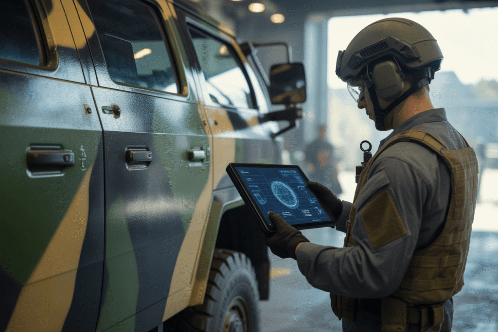 Soldier in tactical gear using a tablet to monitor military vehicle data, showcasing advanced technology in military applications and defense systems.
